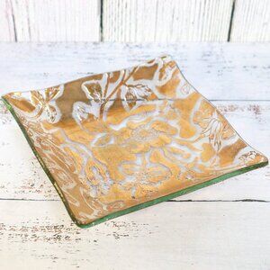 Mid-Century 22K Gold Leaf Trinket Dish Floral Glass Tray Jewelry Catch-All
